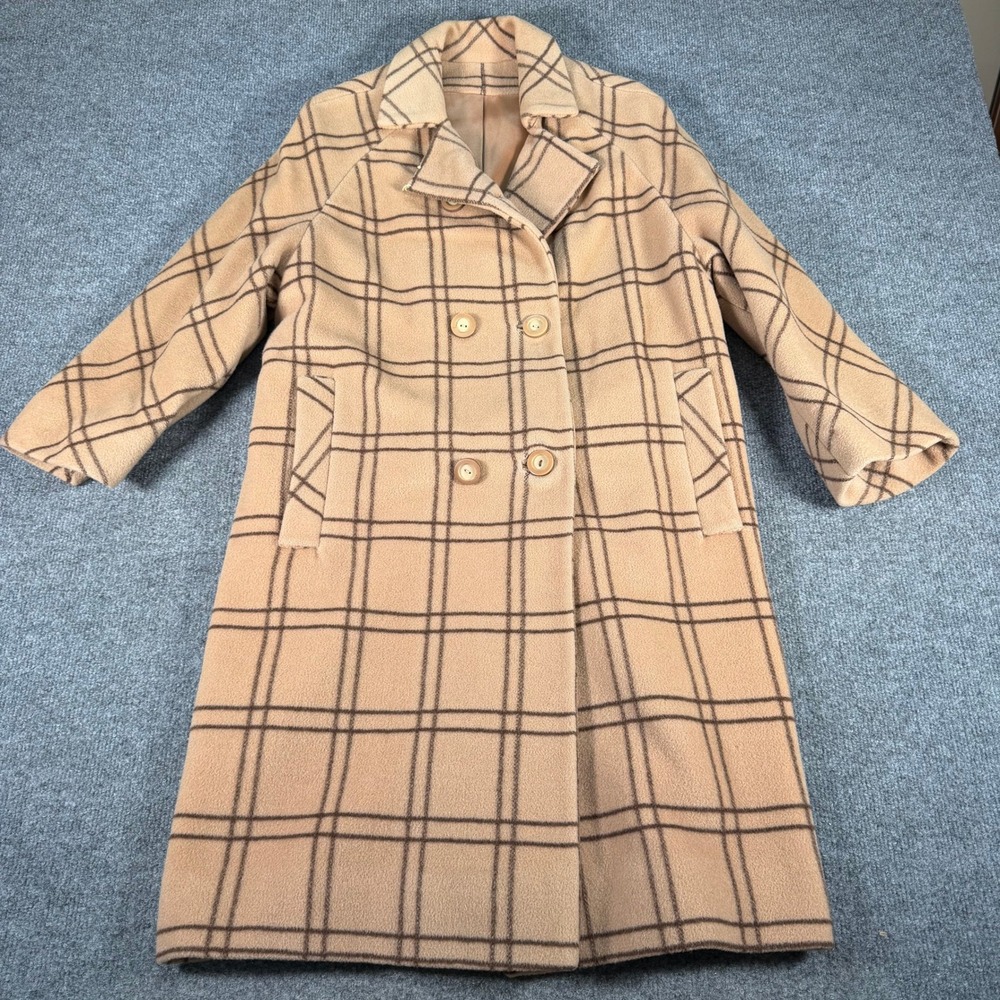 Vintage ILGWU Union Made Tan Brown Windowpane Plaid Double Breasted Long Coat